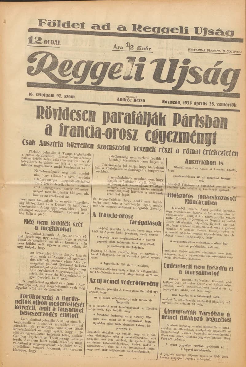 Reggeli Újság, 16. évf. 1935. április 25. 97. sz.