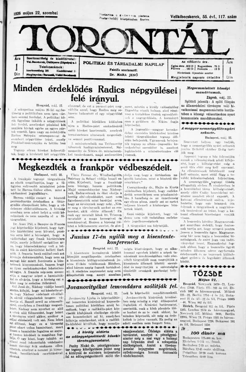 Torontál, 55. évf. 1926. május 22. 117. sz.