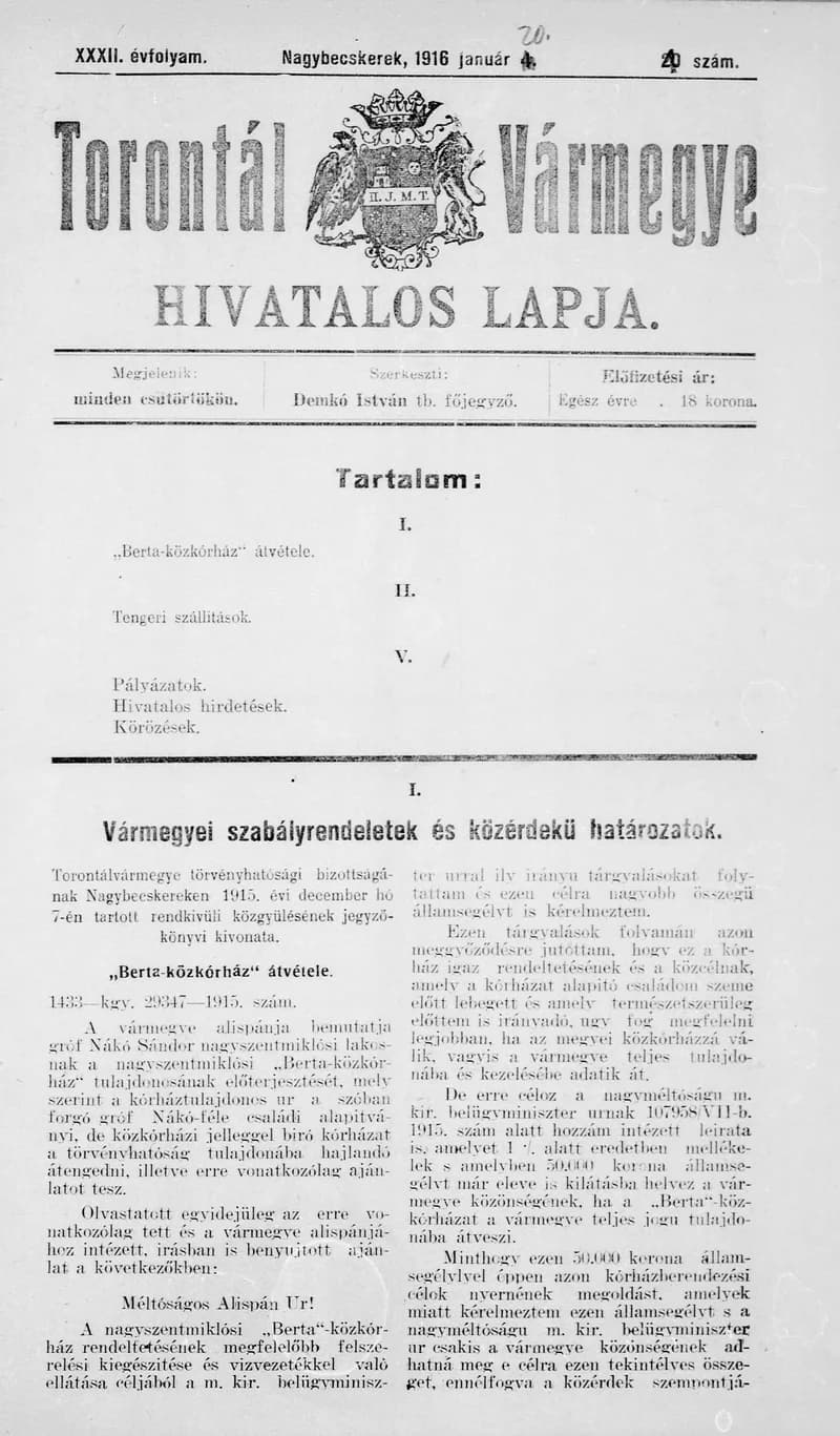 Torontál Vármegye Hivatalos Lapja, 32. évf. 1916. január 20. 4. sz.