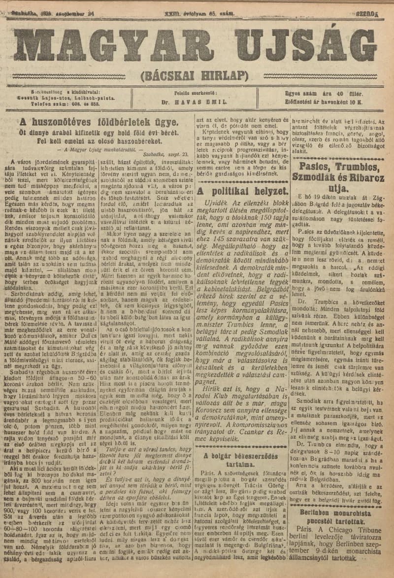 Bácskai Hirlap, 23. évf. 1919. szeptember 24. 85. sz.