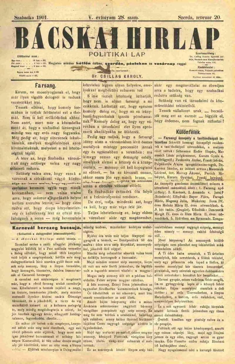 Bácskai Hirlap, 5. évf. 1901. február 20. 28. sz.