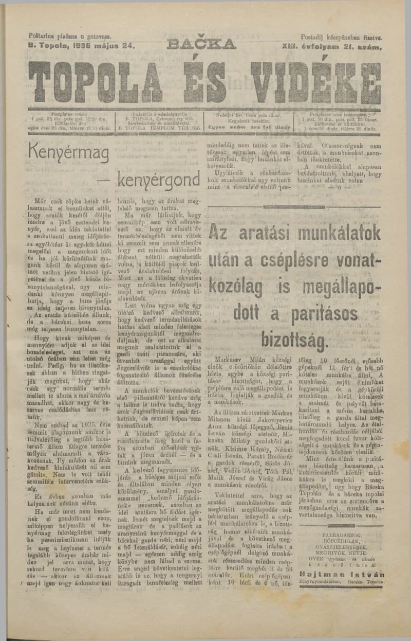 Bačka Topola és Vidéke, 13. évf. 1936. május 24. 21. sz.