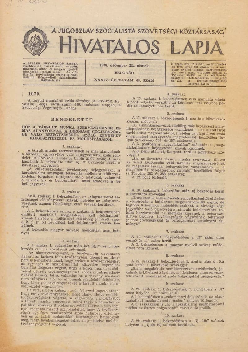 A Jugoszláv Szocialista Szövetségi Köztársaság Hivatalos Lapja, 34. évf. 1978. december 22. 68. sz. 2613–2660. oldal