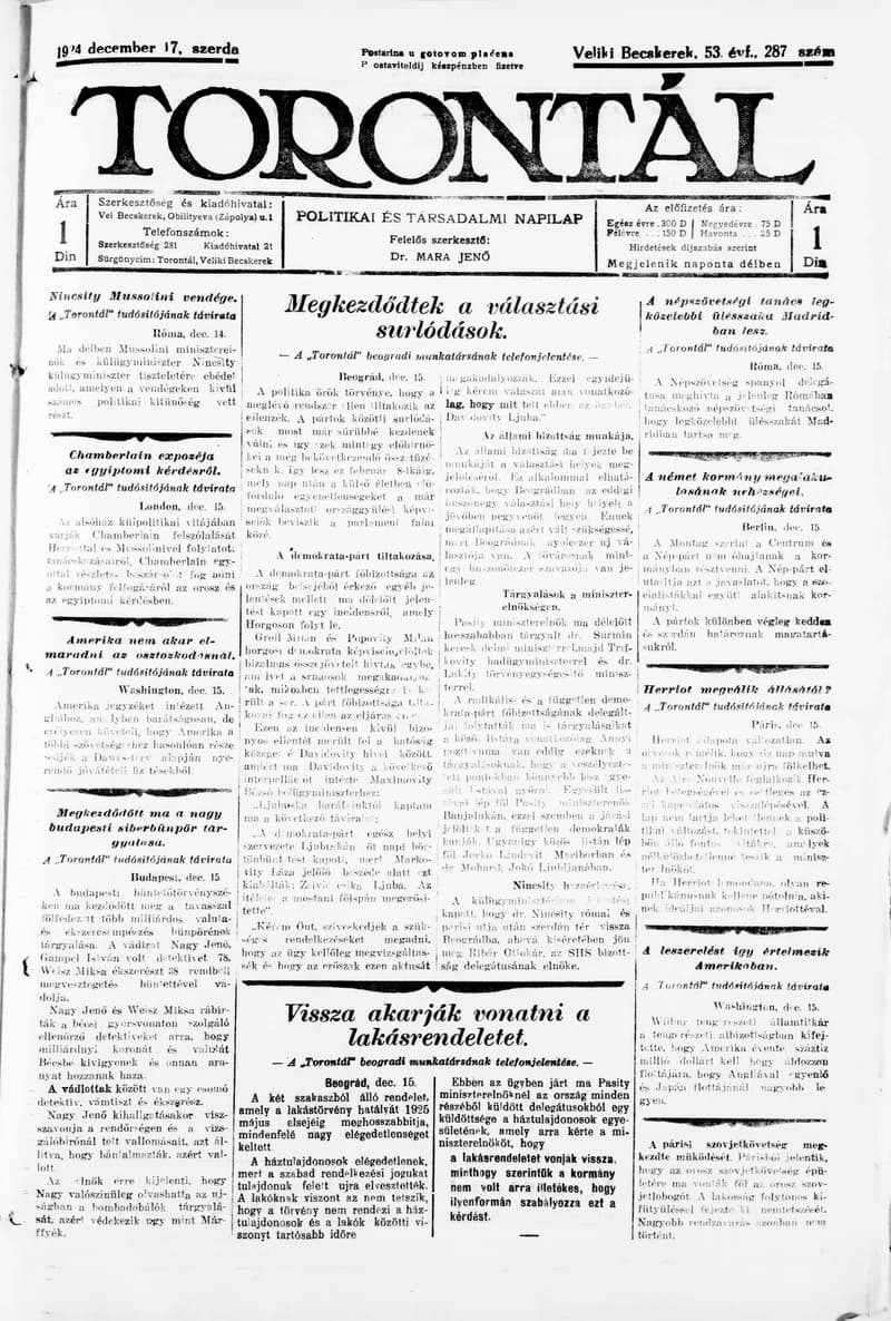 Torontál, 53. évf. 1924. december 17. 287. sz.