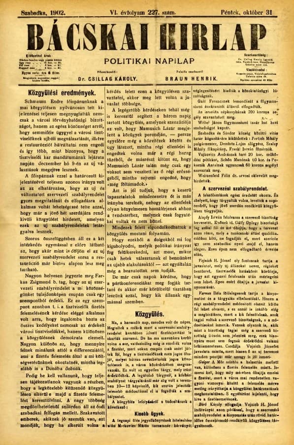Bácskai Hirlap, 6. évf. 1902. október 31. 227. sz.