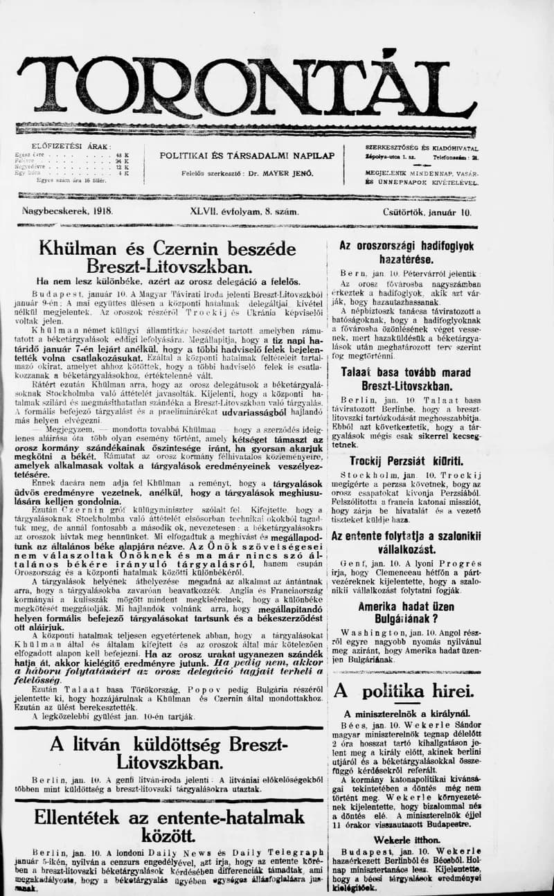 Torontál, 47. évf. 1918. január 10. 8. sz.