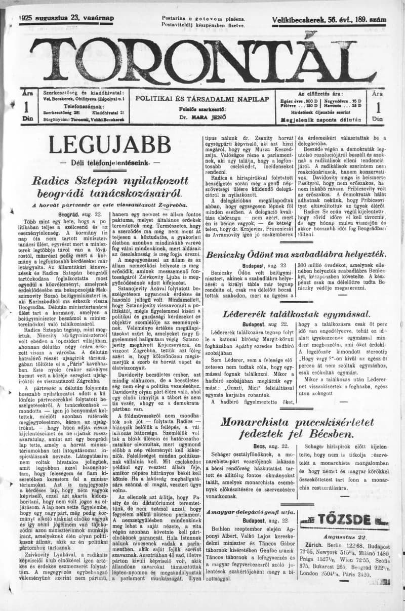 Torontál, 54. évf. 1925. augusztus 23. 189. sz.