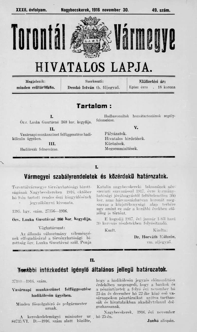 Torontál Vármegye Hivatalos Lapja, 32. évf. 1916. november 30. 49. sz.