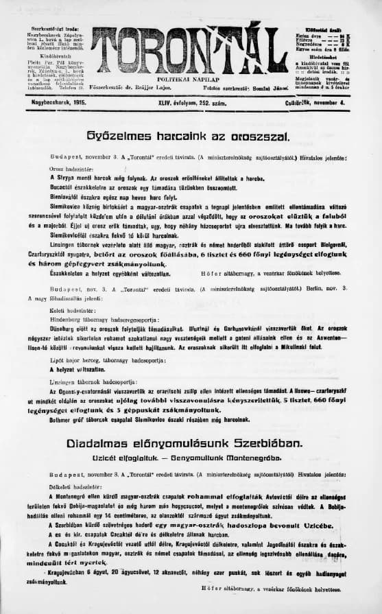 Torontál, 44. évf. 1915. november 4. 252. sz.