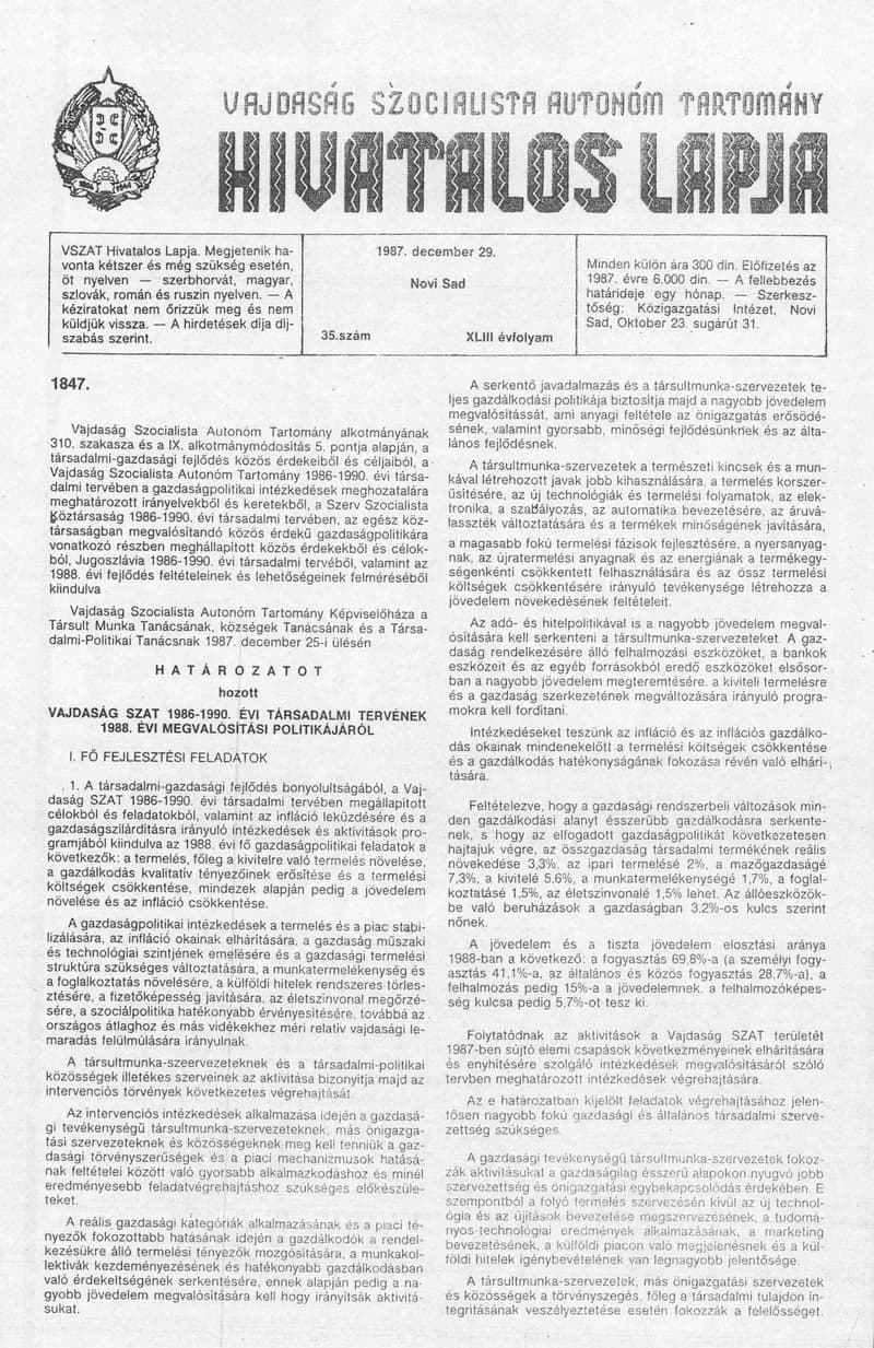 Vajdaság Szocialista Autonóm Tartomány Hivatalos Lapja, 43. évf. 1987. december 29. 35. sz.