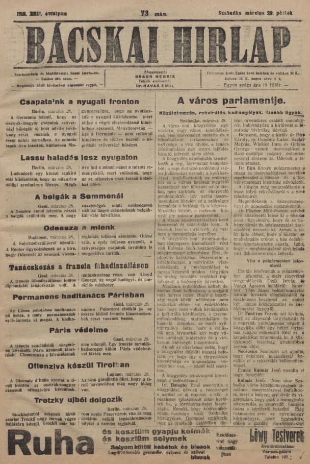 Bácskai Hirlap, 22. évf. 1918. március 29. 73. sz.