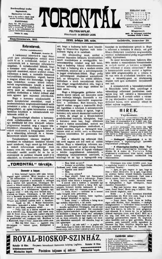 Torontál, 39. évf. 1910. december 29. 296. sz.
