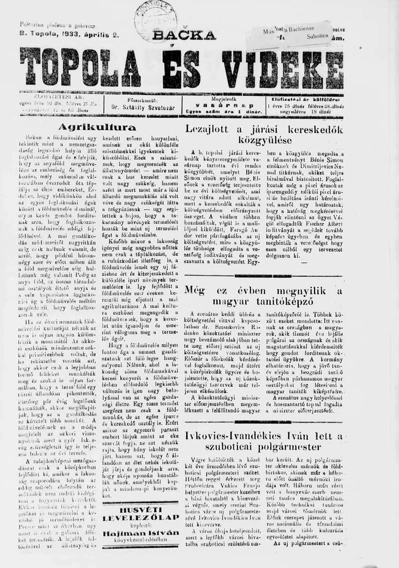 Bačka Topola és Vidéke, 10. évf. 1933. április 2. 14. sz.