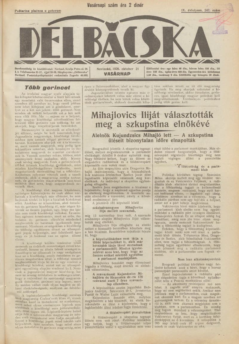 Délbácska, 9. évf. 1928. október 21. 247. sz.