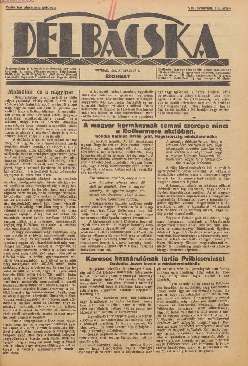 Délbácska, 8. évf. 1927. augusztus 6. 180. sz.