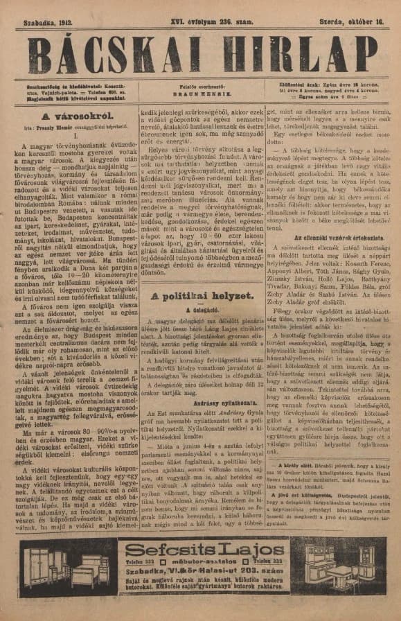Bácskai Hirlap, 16. évf. 1912. október 16. 236. sz.