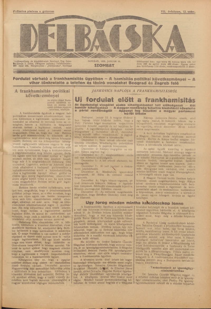 Délbácska, 7. évf. 1926. január 16. 12. sz.