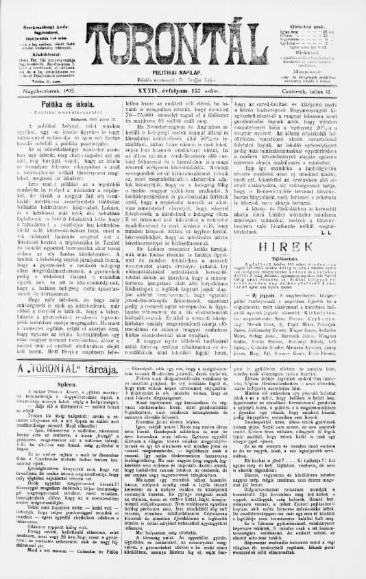 Torontál, 34. évf. 1905. július 13. 157. sz.