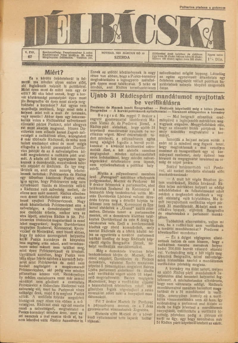 Délbácska, 5. évf. 1924. március 19. 67. sz.