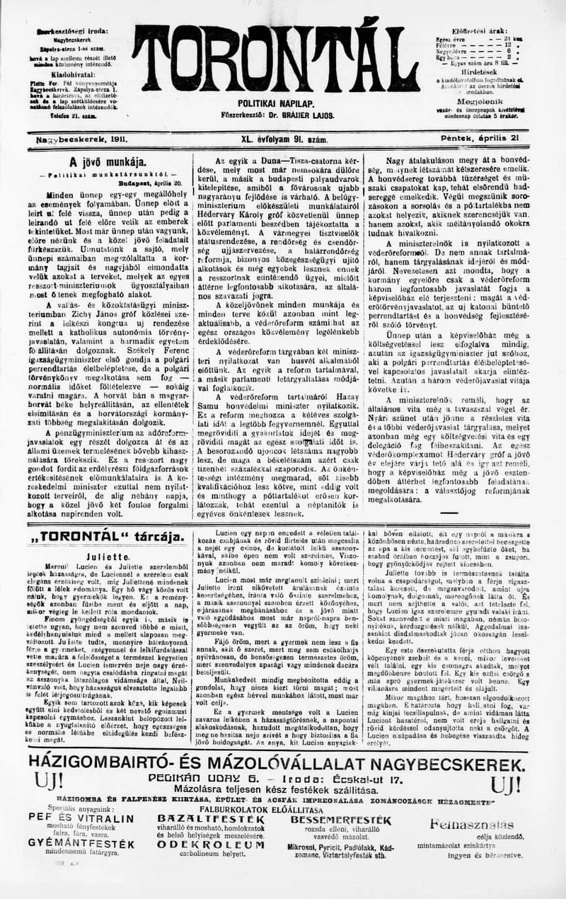 Torontál, 40. évf. 1911. április 21. 91. sz.