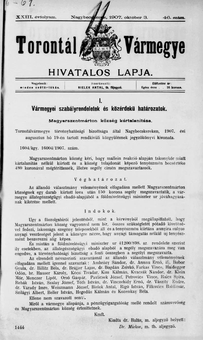 Torontál Vármegye Hivatalos Lapja, 23. évf. 1907. október 3. 46. sz.