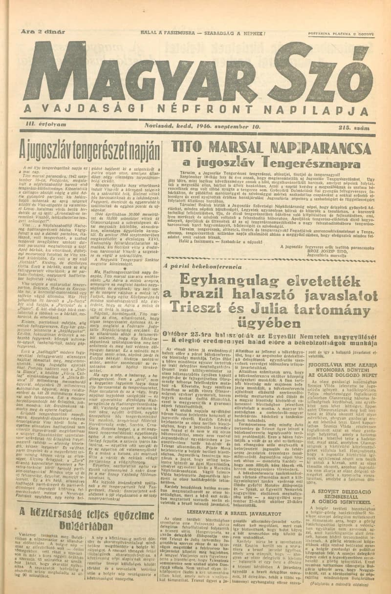 Magyar Szó, 3. évf. 1946. szeptember 10. 215. sz. 1–6. oldal