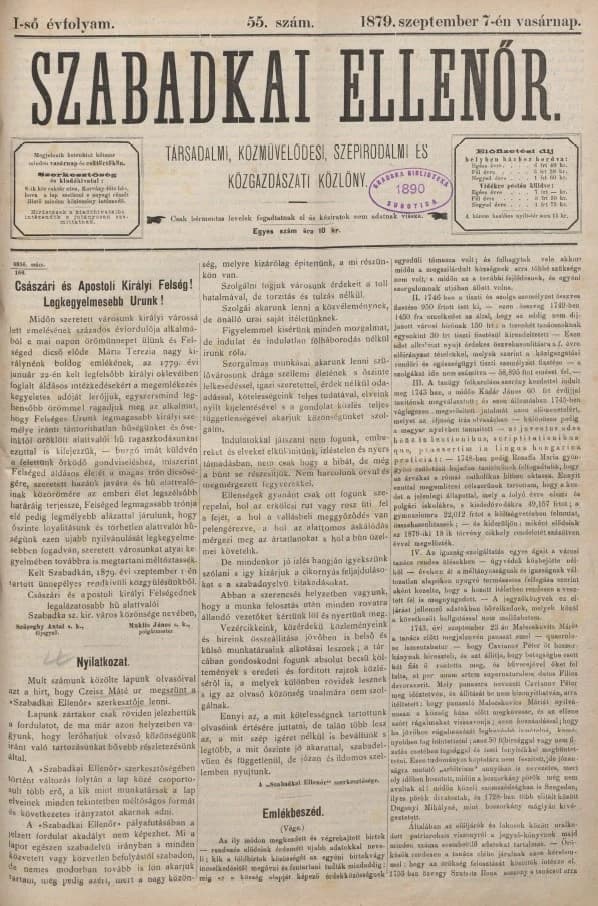 Szabadkai Ellenőr, 1. évf. 1879. szeptember 7. 55. sz.