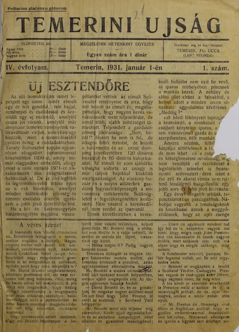 Temerini Újság 1928-1944, 4. évf. 1931. január 1. 1. sz.