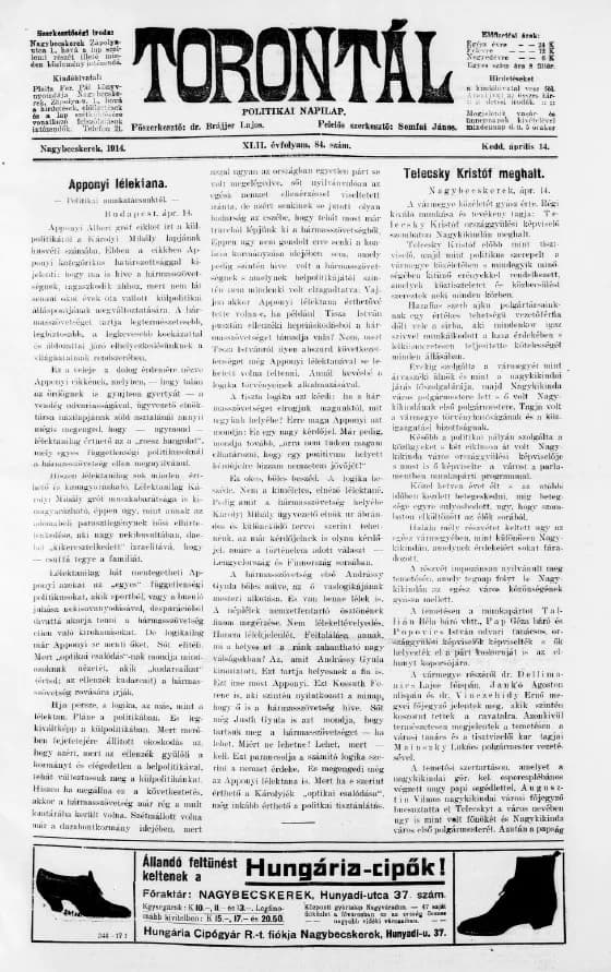 Torontál, 43. évf. 1914. április 14. 84. sz.