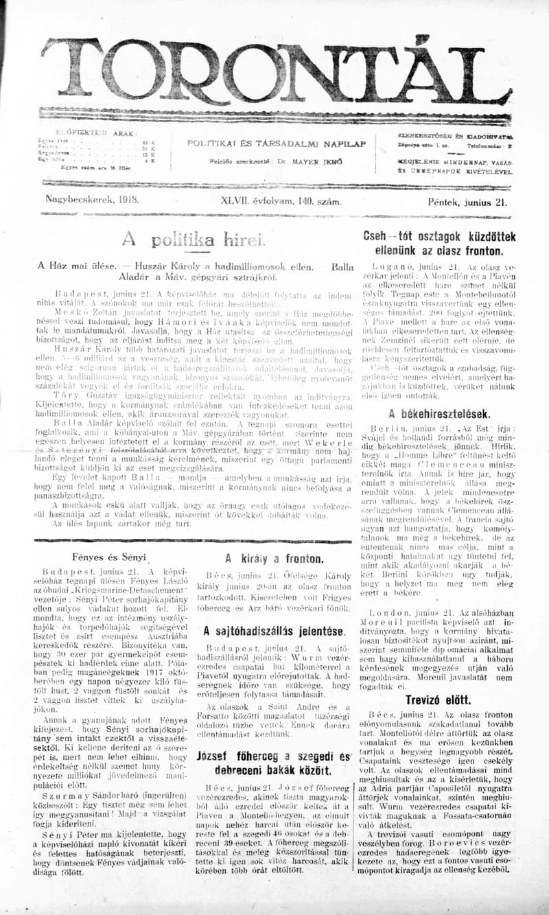 Torontál, 47. évf. 1918. június 21. 140. sz.