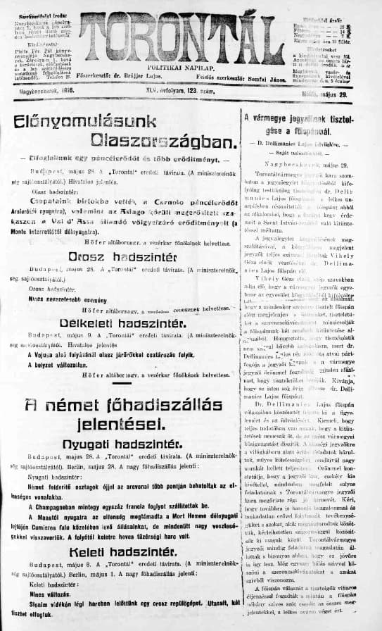 Torontál, 45. évf. 1916. május 29. 123. sz.