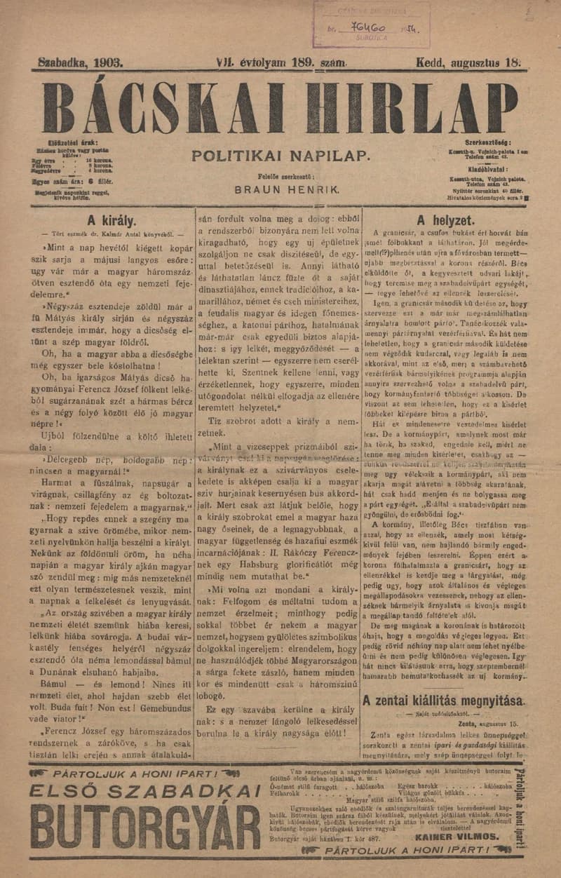 Bácskai Hirlap, 7. évf. 1903. augusztus 18. 189. sz.
