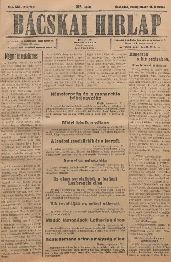 Bácskai Hirlap, 22. évf. 1918. szeptember 21. 212. sz.