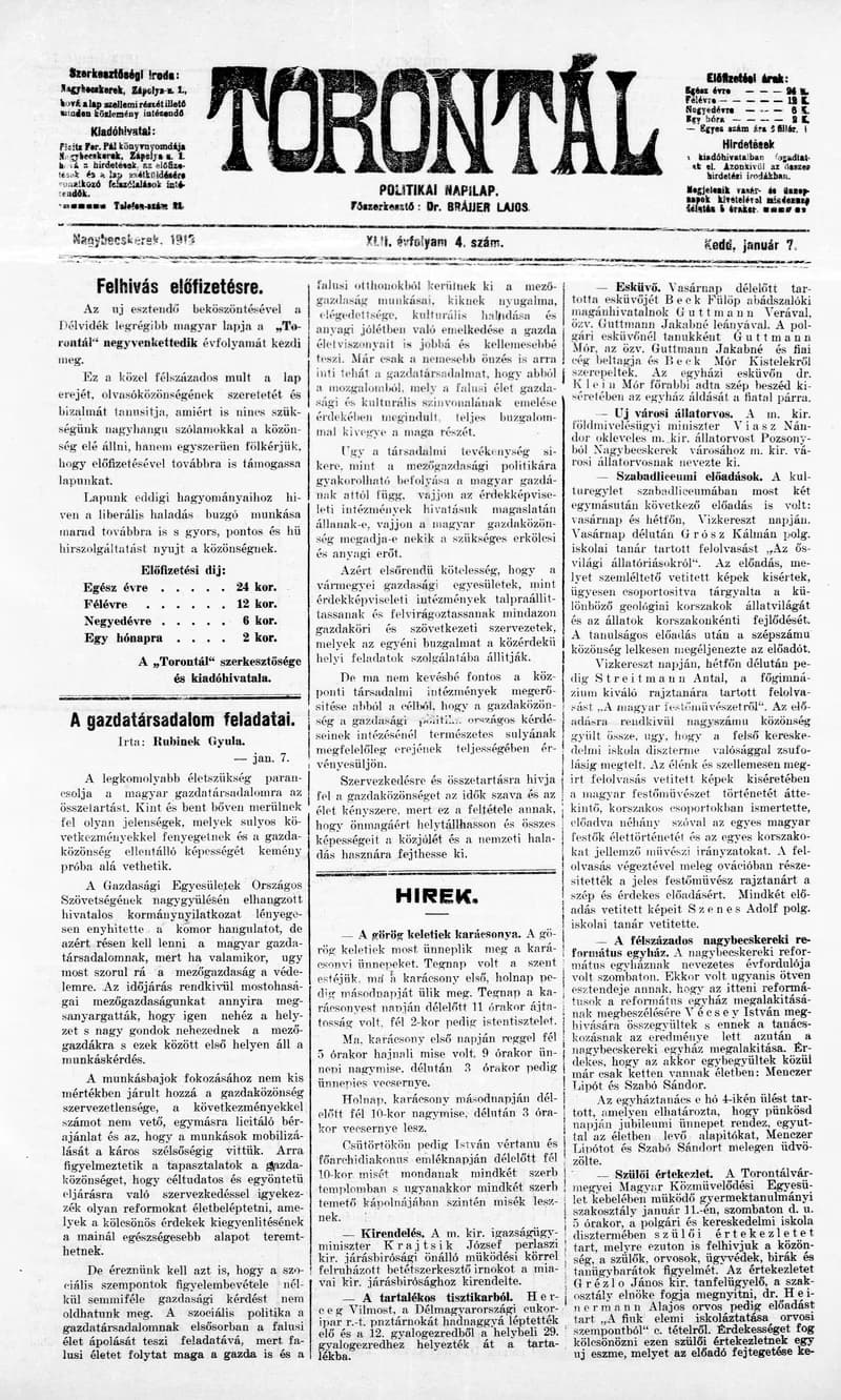 Torontál, 42. évf. 1913. január 7. 4. sz.