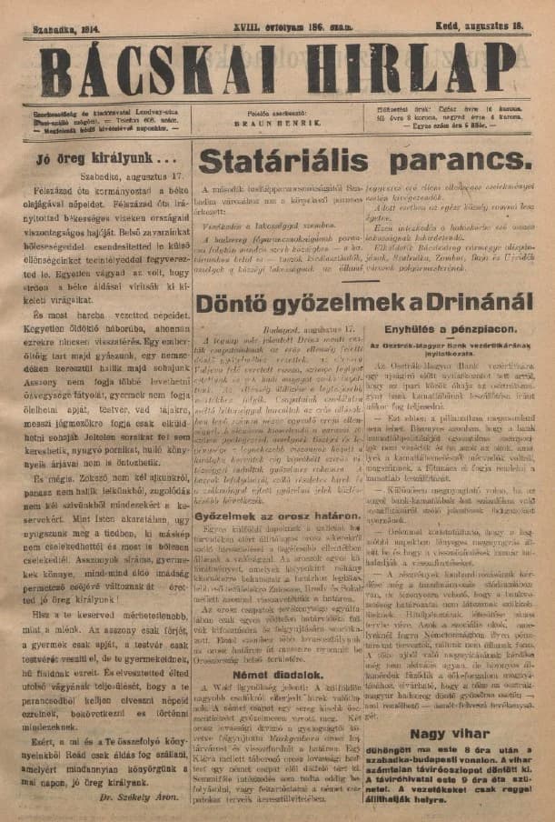 Bácskai Hirlap, 18. évf. 1914. augusztus 18. 186. sz.