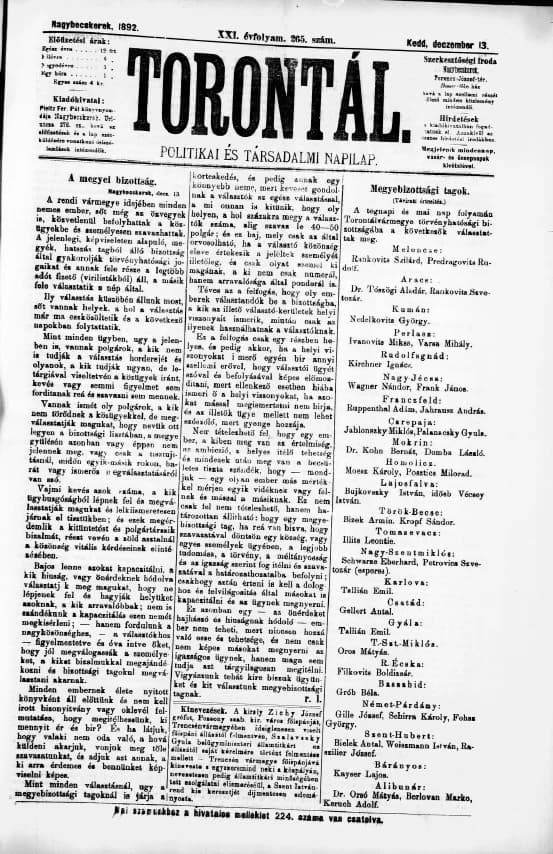 Torontál, 21. évf. 1892. december 13. 265. sz.