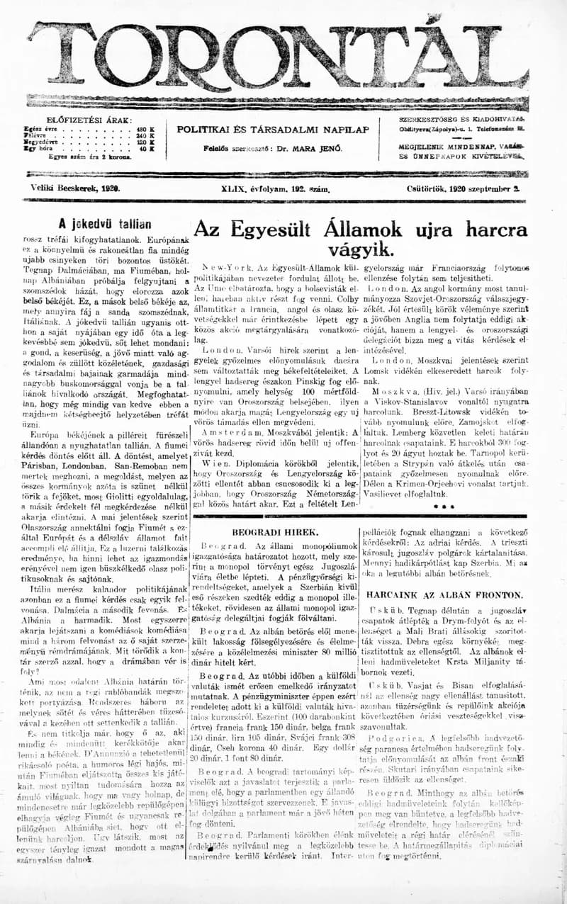 Torontál, 49. évf. 1920. szeptember 2. 192. sz.