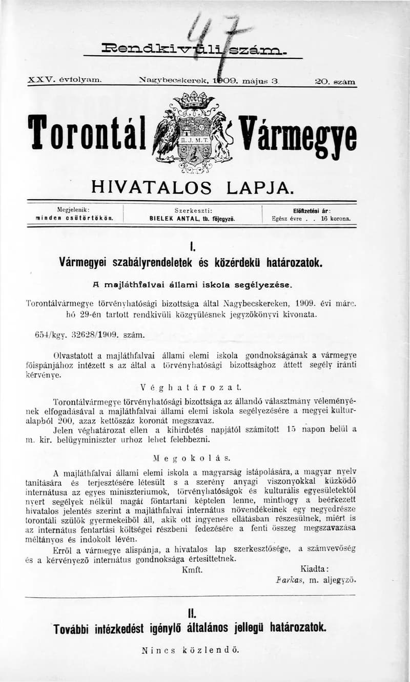 Torontál Vármegye Hivatalos Lapja, 25. évf. 1909. május 3. 20. sz.