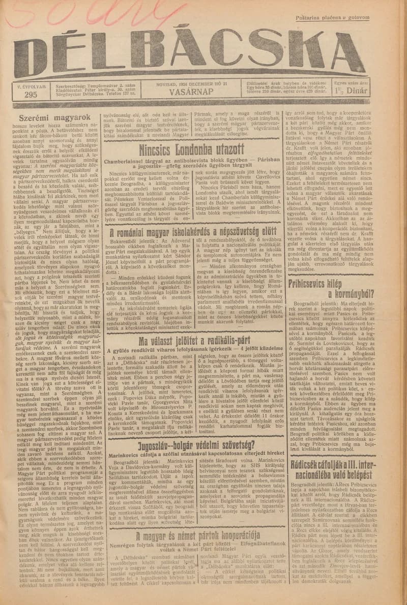 Délbácska, 5. évf. 1924. december 21. 295. sz.