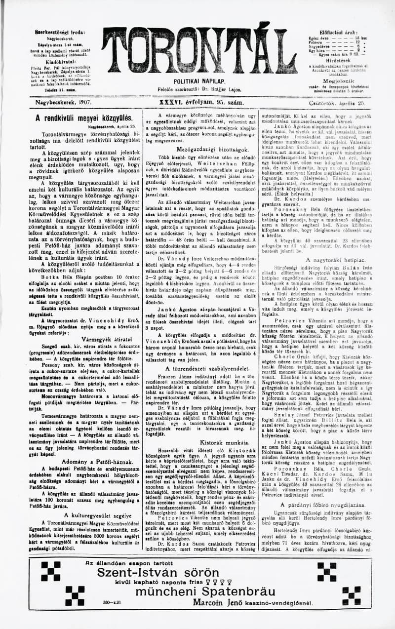 Torontál, 36. évf. 1907. április 25. 95. sz.