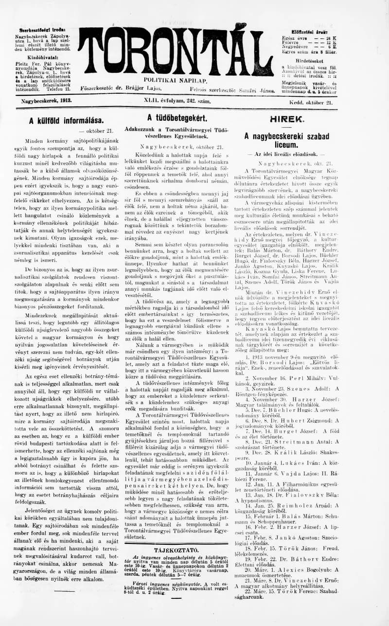 Torontál, 42. évf. 1913. október 21. 242. sz.