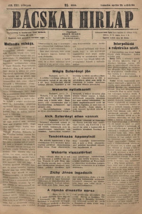 Bácskai Hirlap, 22. évf. 1918. április 25. 95. sz.