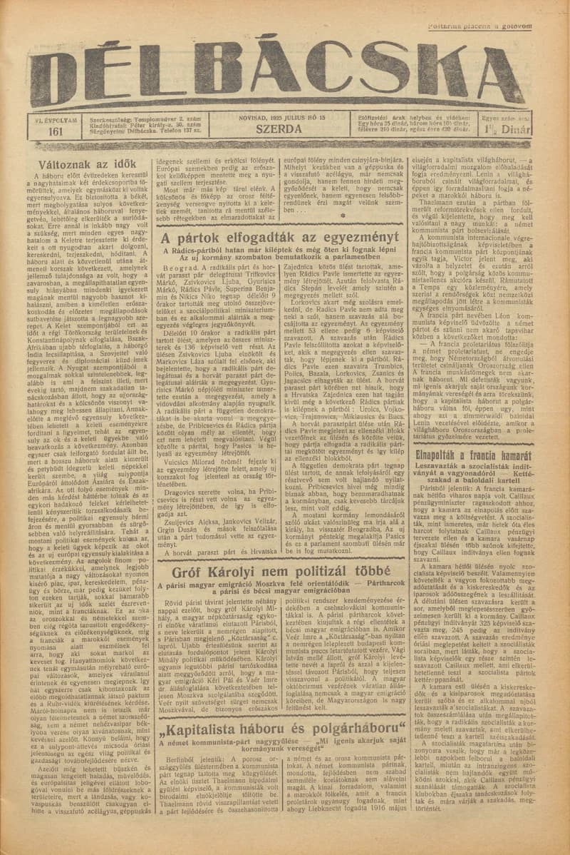 Délbácska, 6. évf. 1925. július 15. 161. sz.