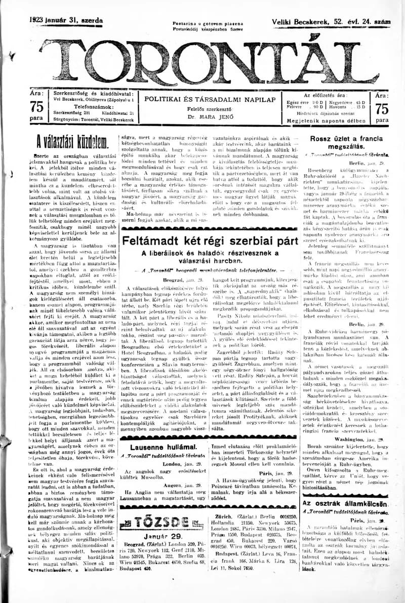 Torontál, 52. évf. 1923. január 31. 24. sz.