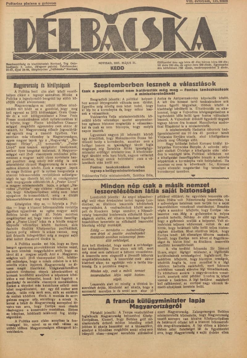 Délbácska, 8. évf. 1927. május 31. 125. sz.