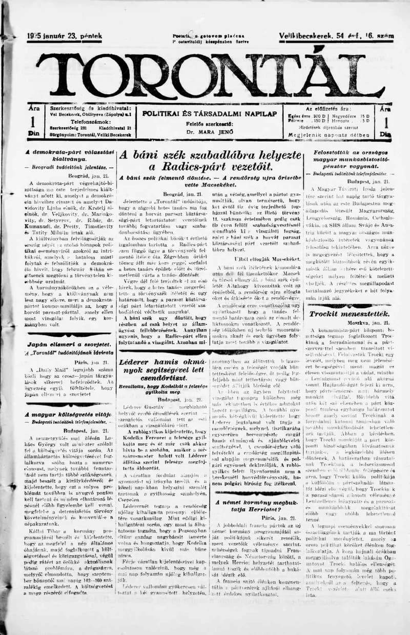 Torontál, 54. évf. 1925. január 23. 16. sz.
