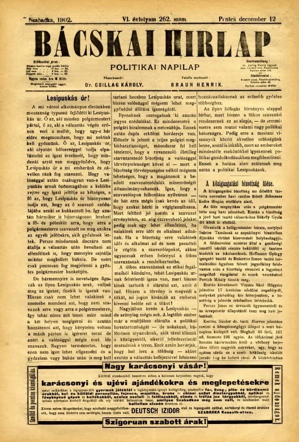 Bácskai Hirlap, 6. évf. 1902. december 12. 262. sz.