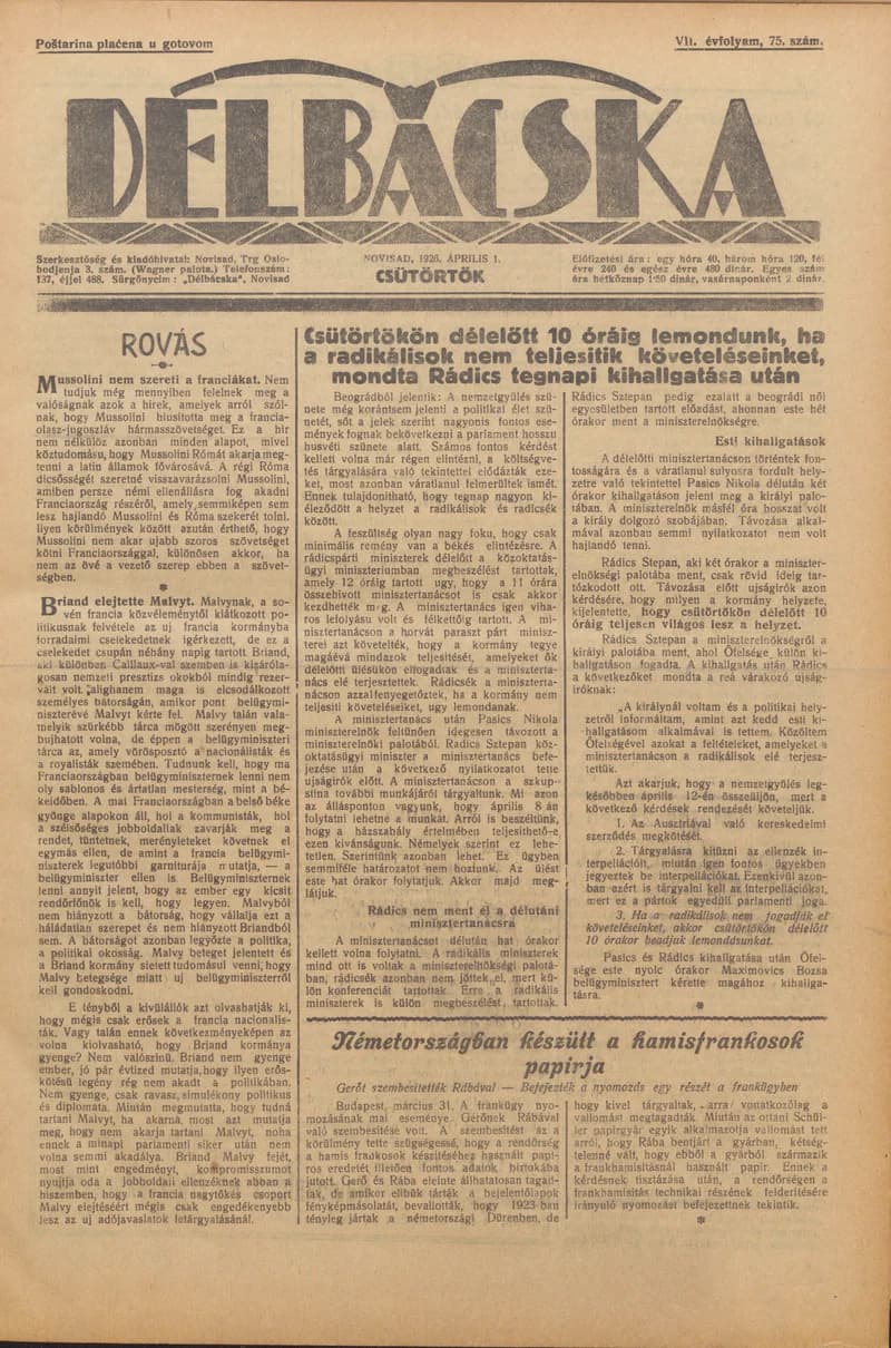 Délbácska, 7. évf. 1926. április 1. 75. sz.