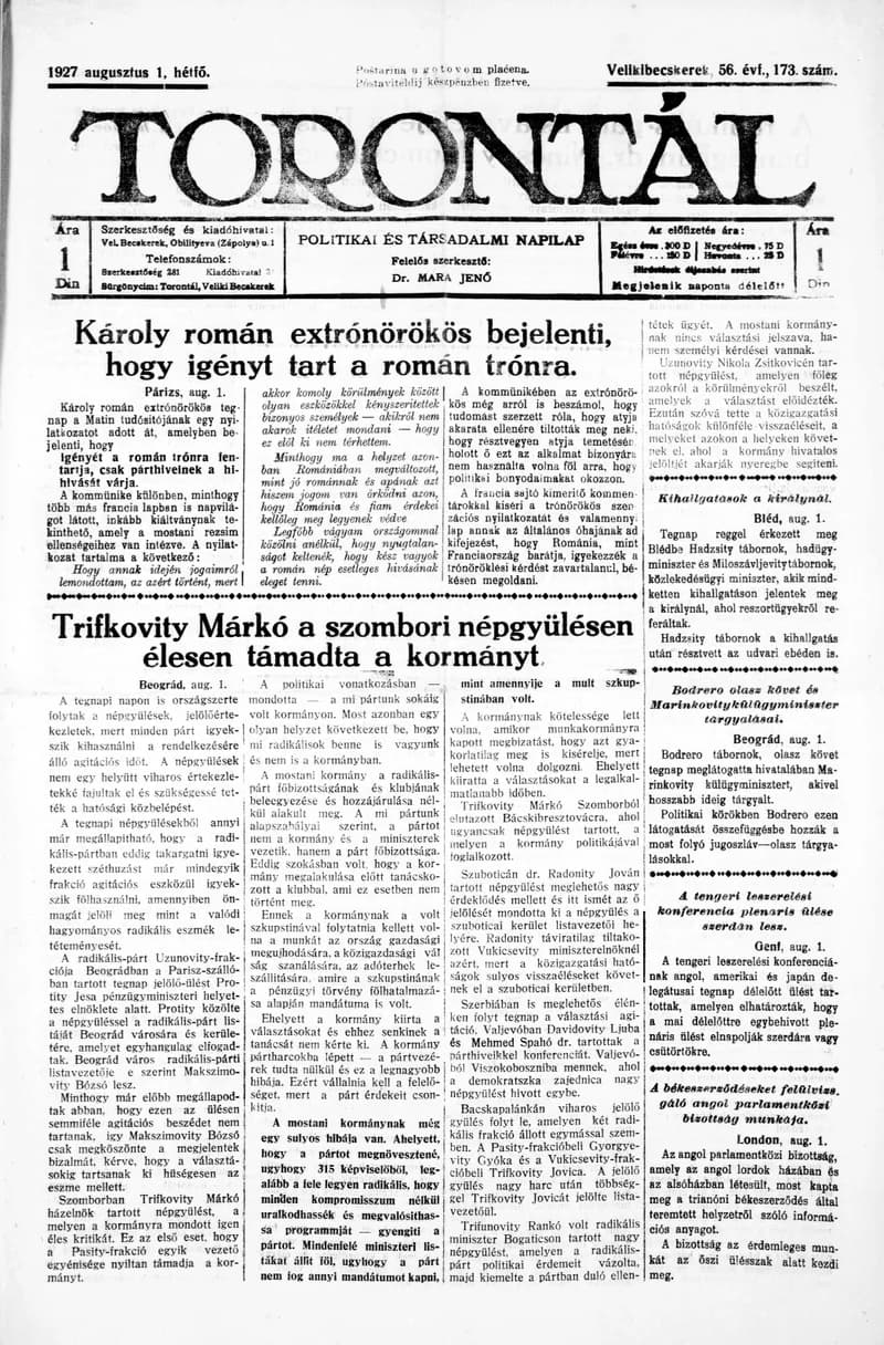 Torontál, 56. évf. 1927. augusztus 1. 173. sz.