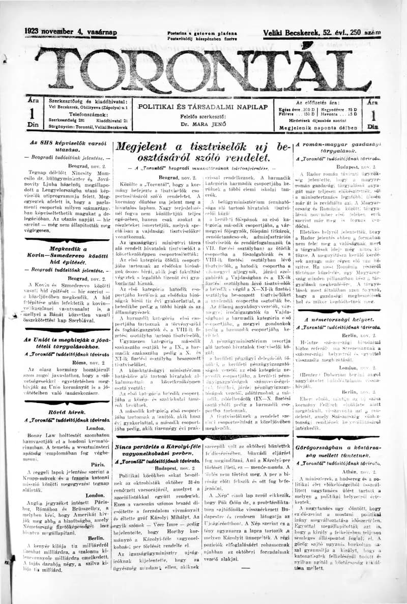 Torontál, 52. évf. 1923. november 4. 250. sz.